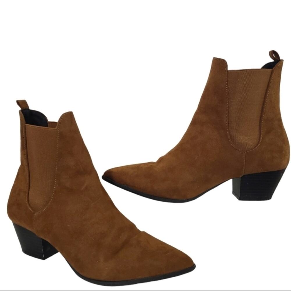 Qupid Faux Suede Slip On Pointed Toe Chelsea Ankle Boots - Brown / Camel Western